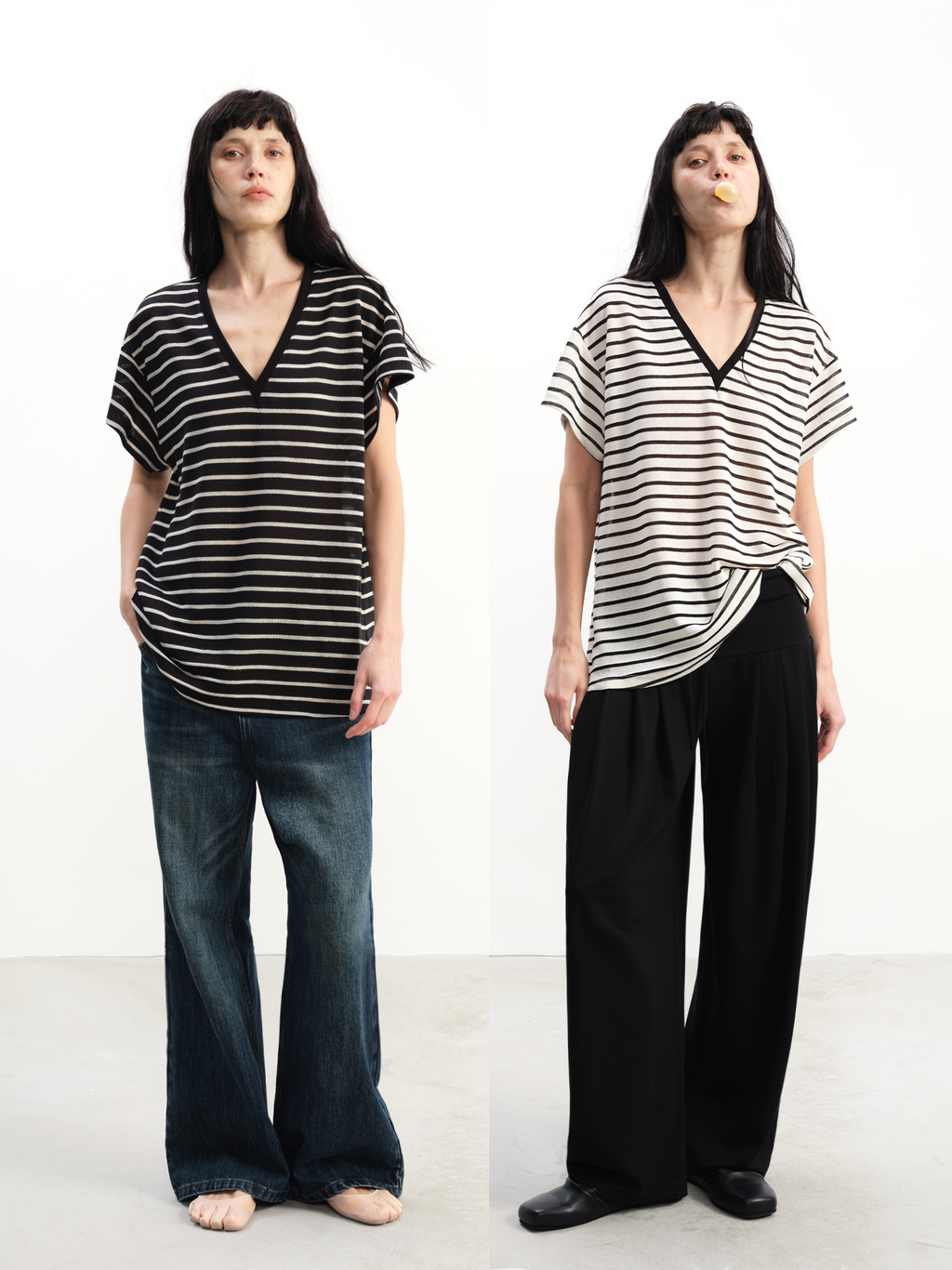 JCAESAR WOMEN Loose-Fit Striped V-Neck Tee - jcaesarclo