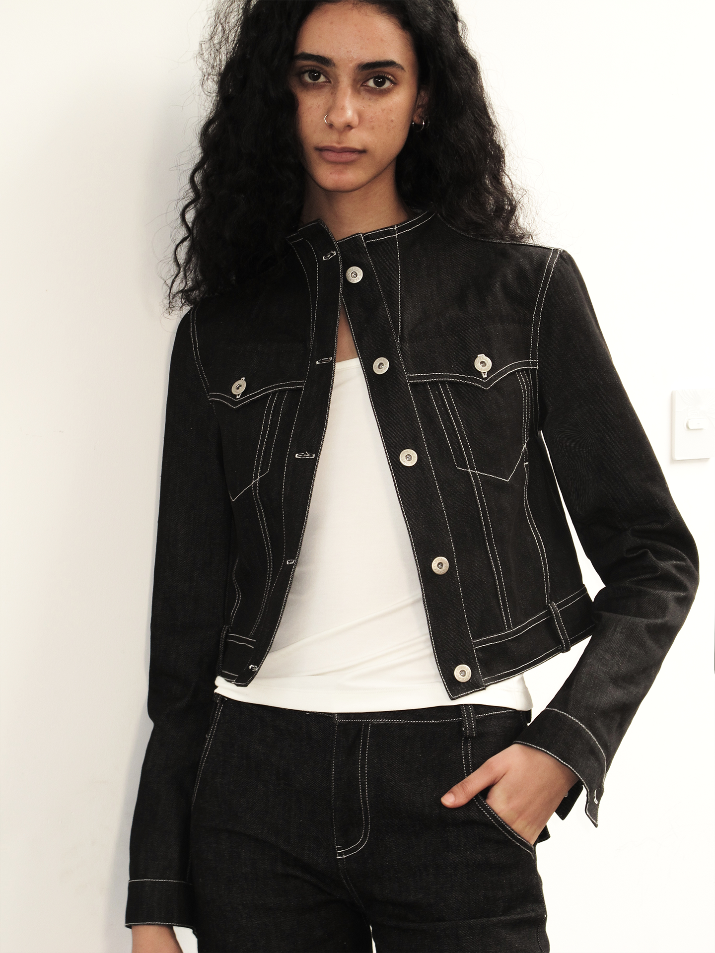 JCAESAR WOMEN Stand‑Collar Raw Denim Jacket