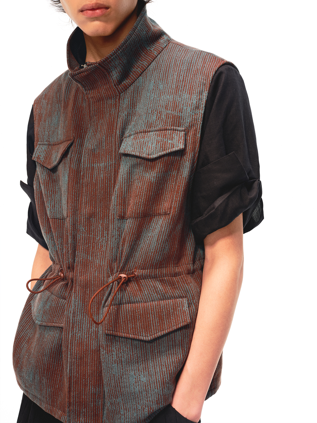 JCAESAR Rust‑Dyed Drawstring Utility Vest with Four Pockets