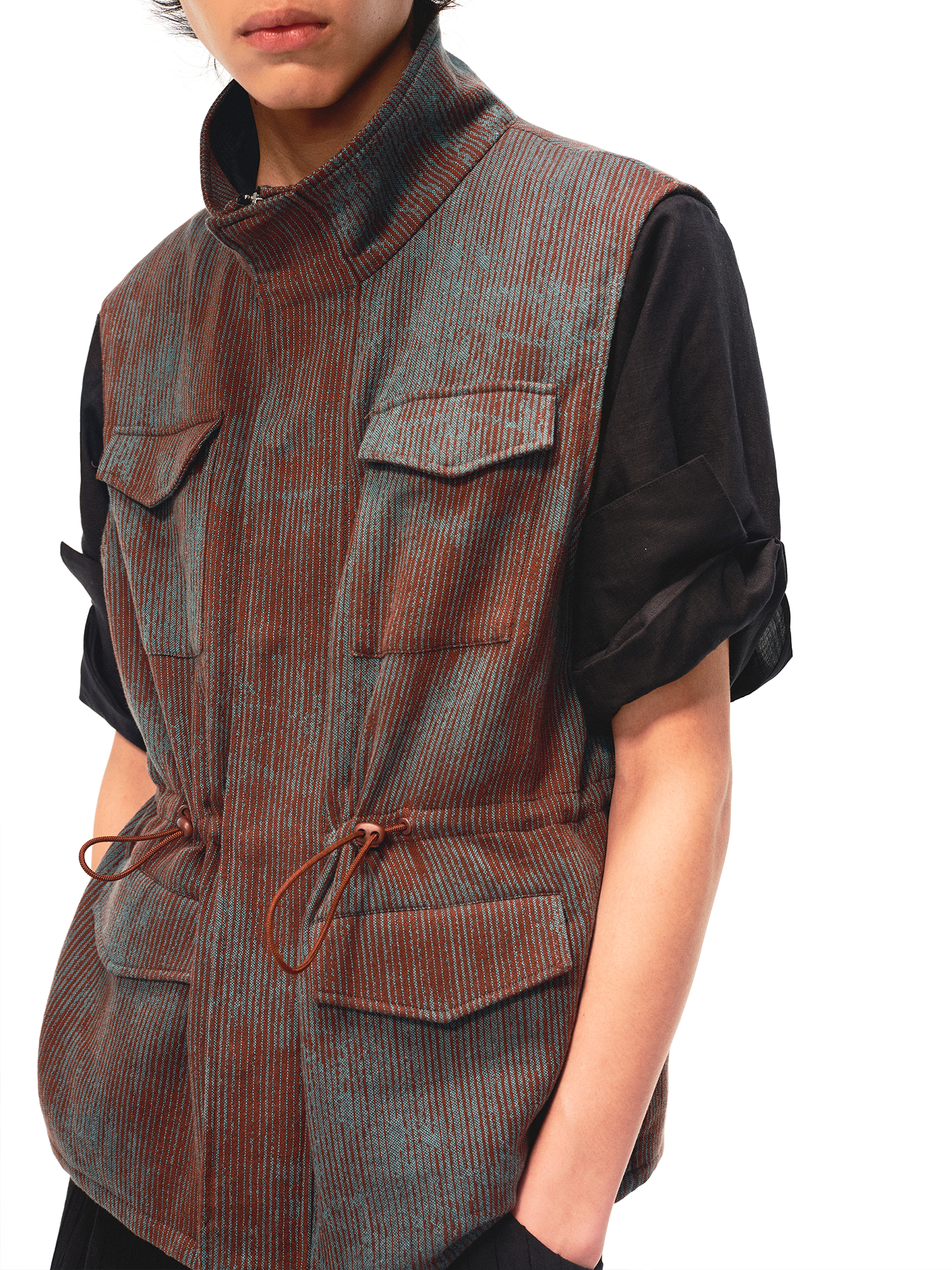 JCAESAR Rust‑Dyed Drawstring Utility Vest with Four Pockets