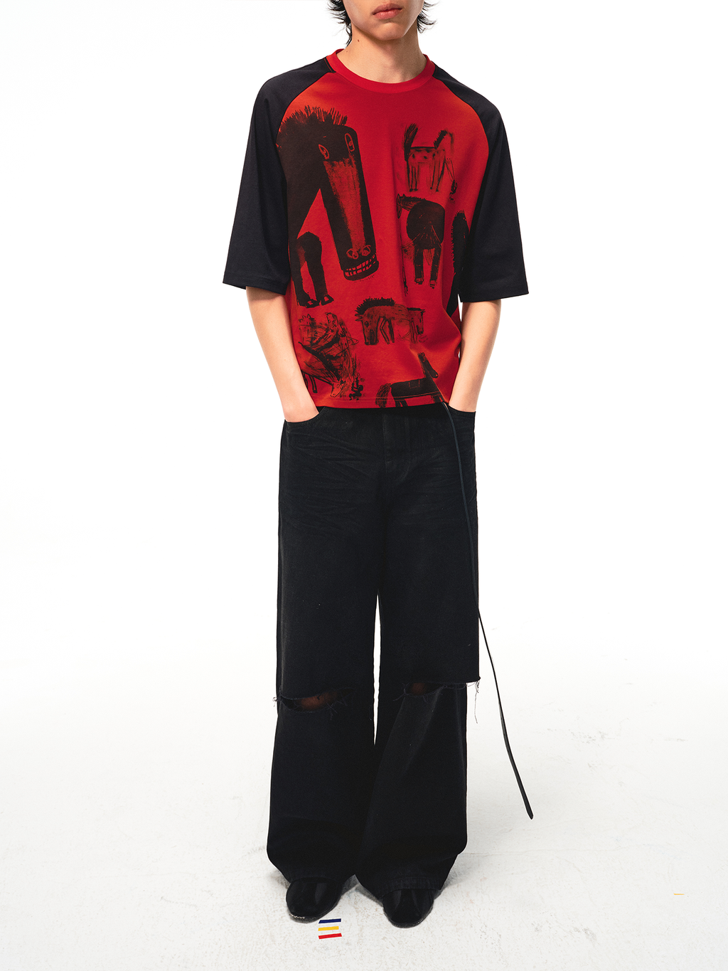 JCAESAR Raglan‑Sleeve Graphic Tee with Black Horse Print