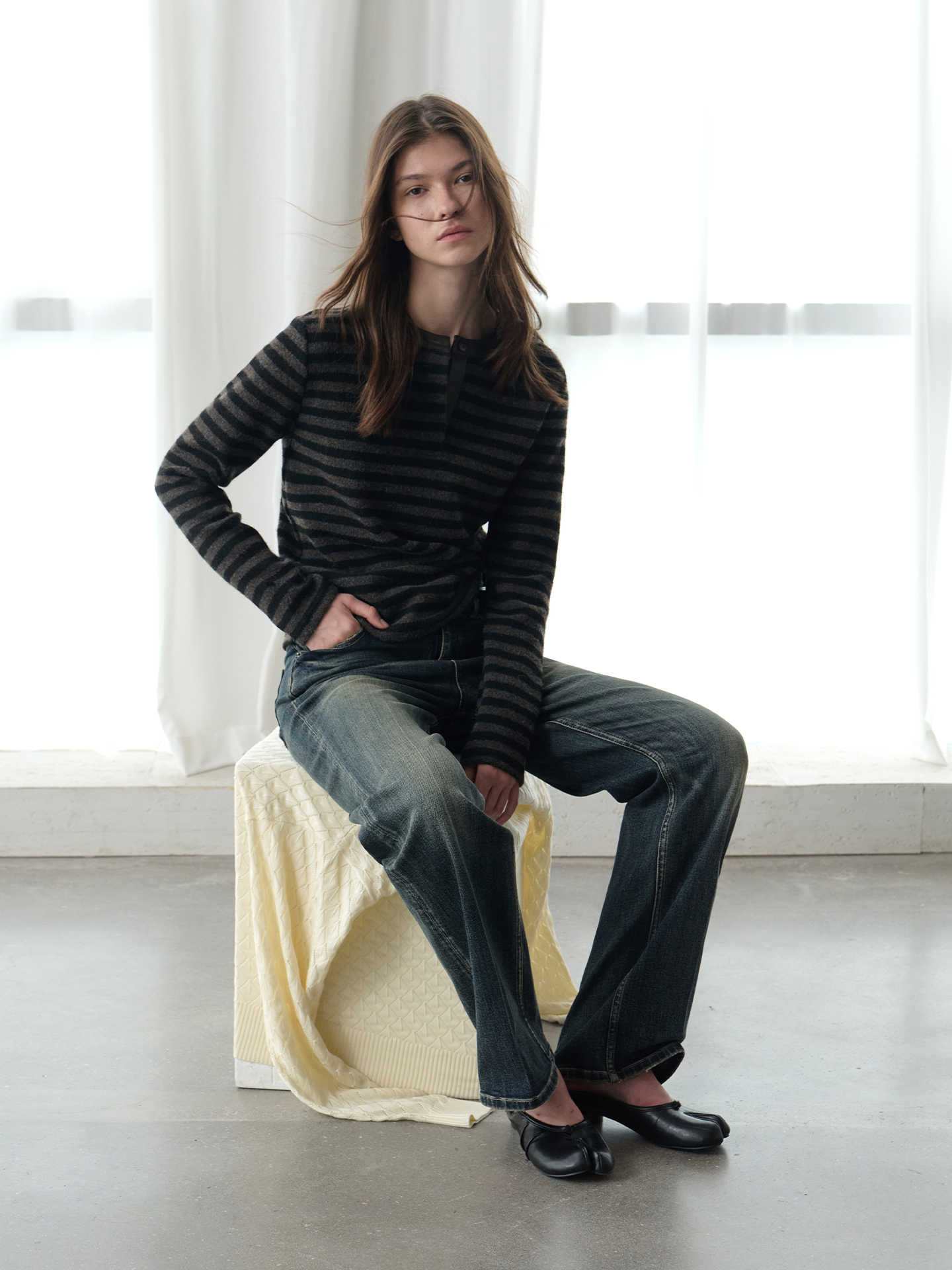 JCAESAR WOMEN Striped Leather-Paneled Top
