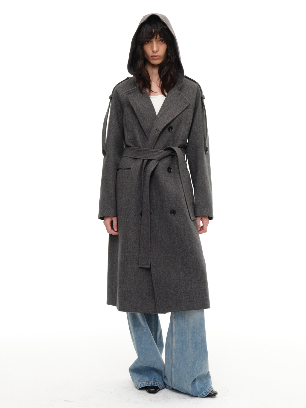 JCAESAR WOMEN Hooded Double‑Breasted Herringbone Trench Coat - jcaesarclo