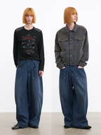 JCAESAR Front Patch Pocket Washed Blue Mud Denim Wide Leg Pants