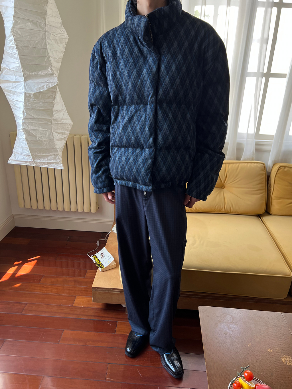 JCAESAR Blue Diamond-Check Stand Collar Down Jacket