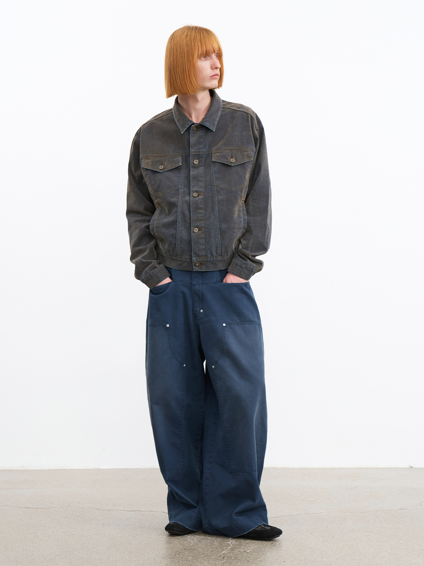 JCAESAR Mud‑flock washed distressed flocked denim jacket