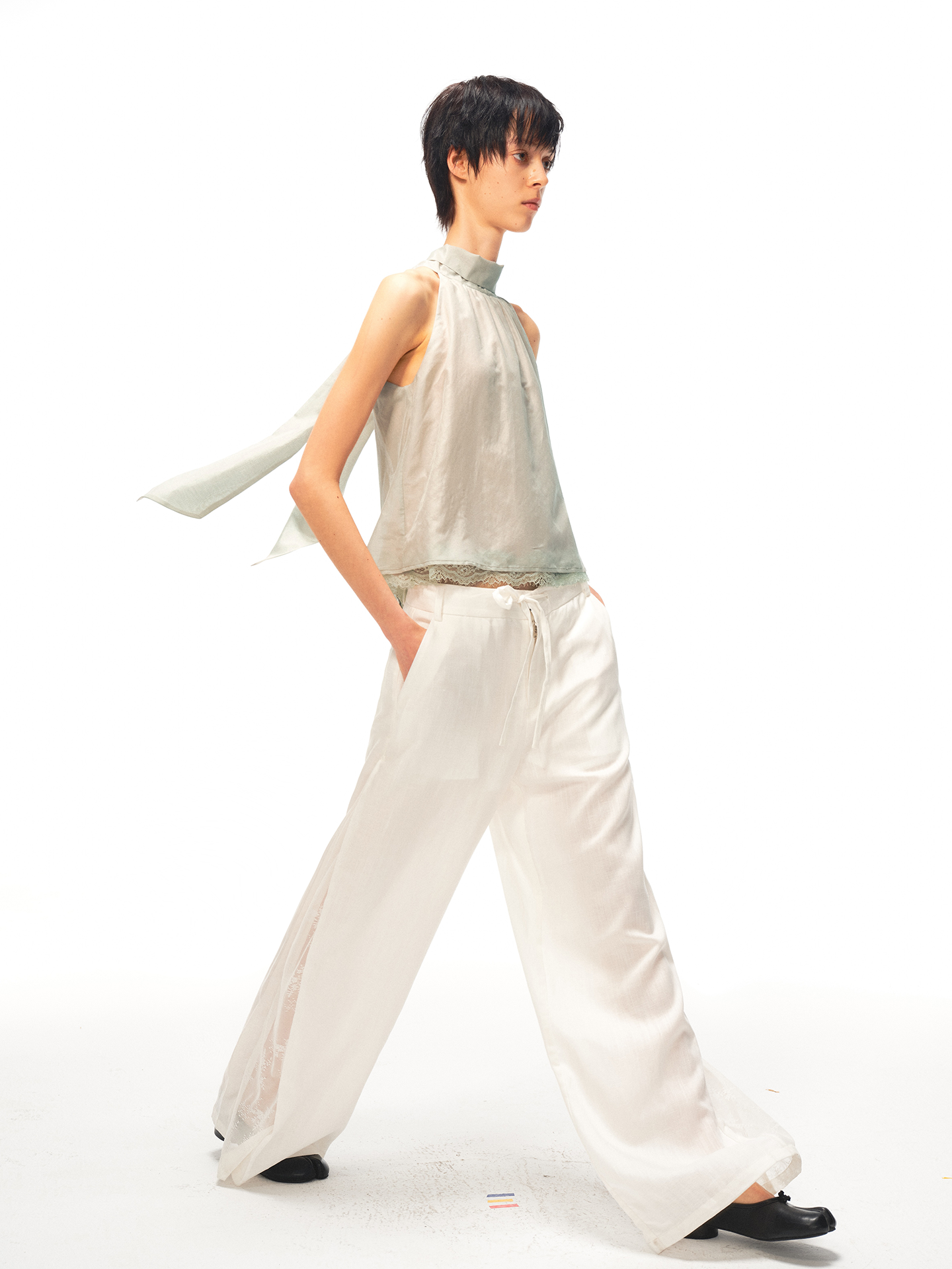 JCAESAR WOMEN Air‑lace halter top with flowing ties