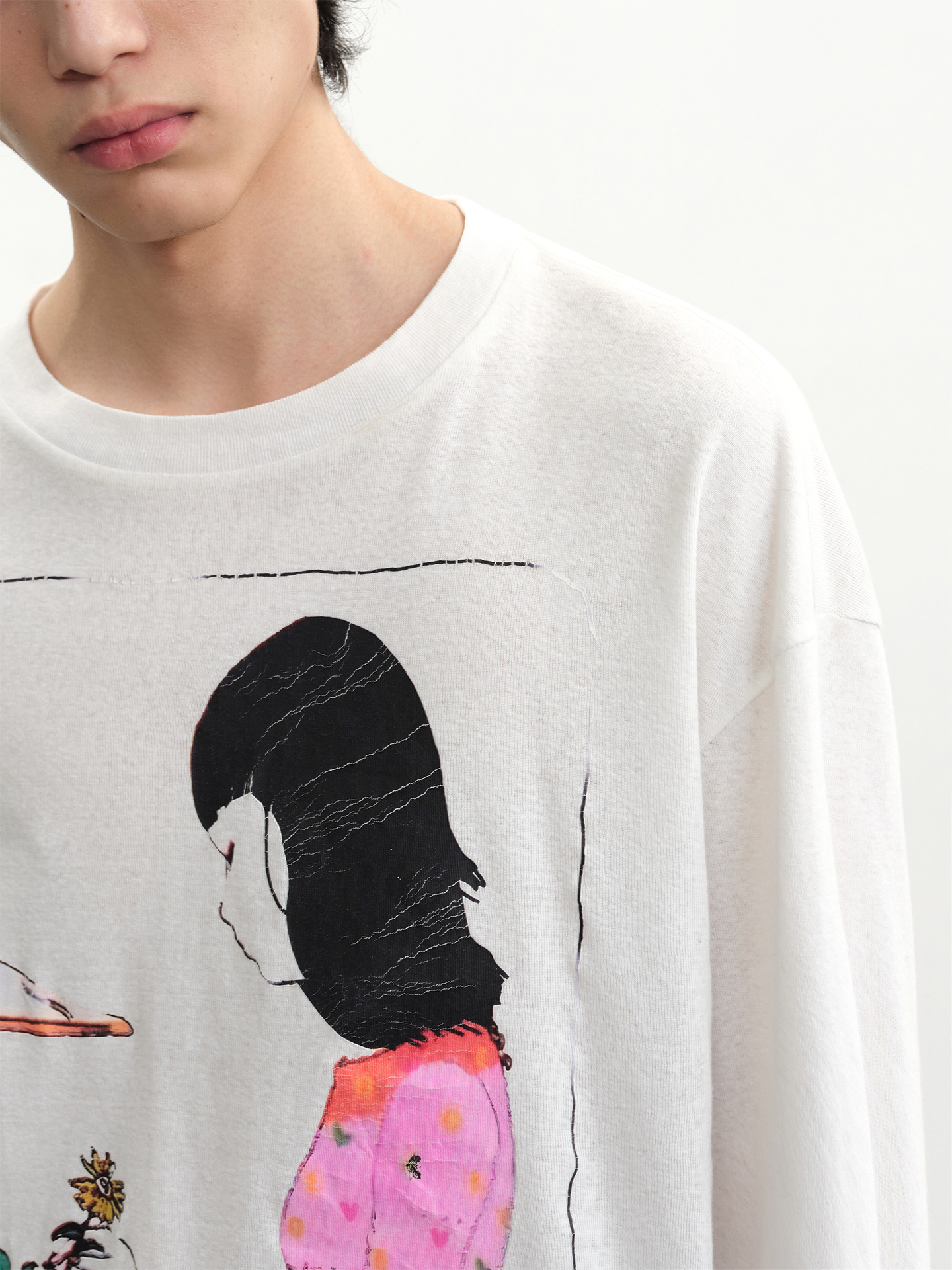 JCAESAR Distressed Floral‑Girl Print Short‑Sleeve Tee