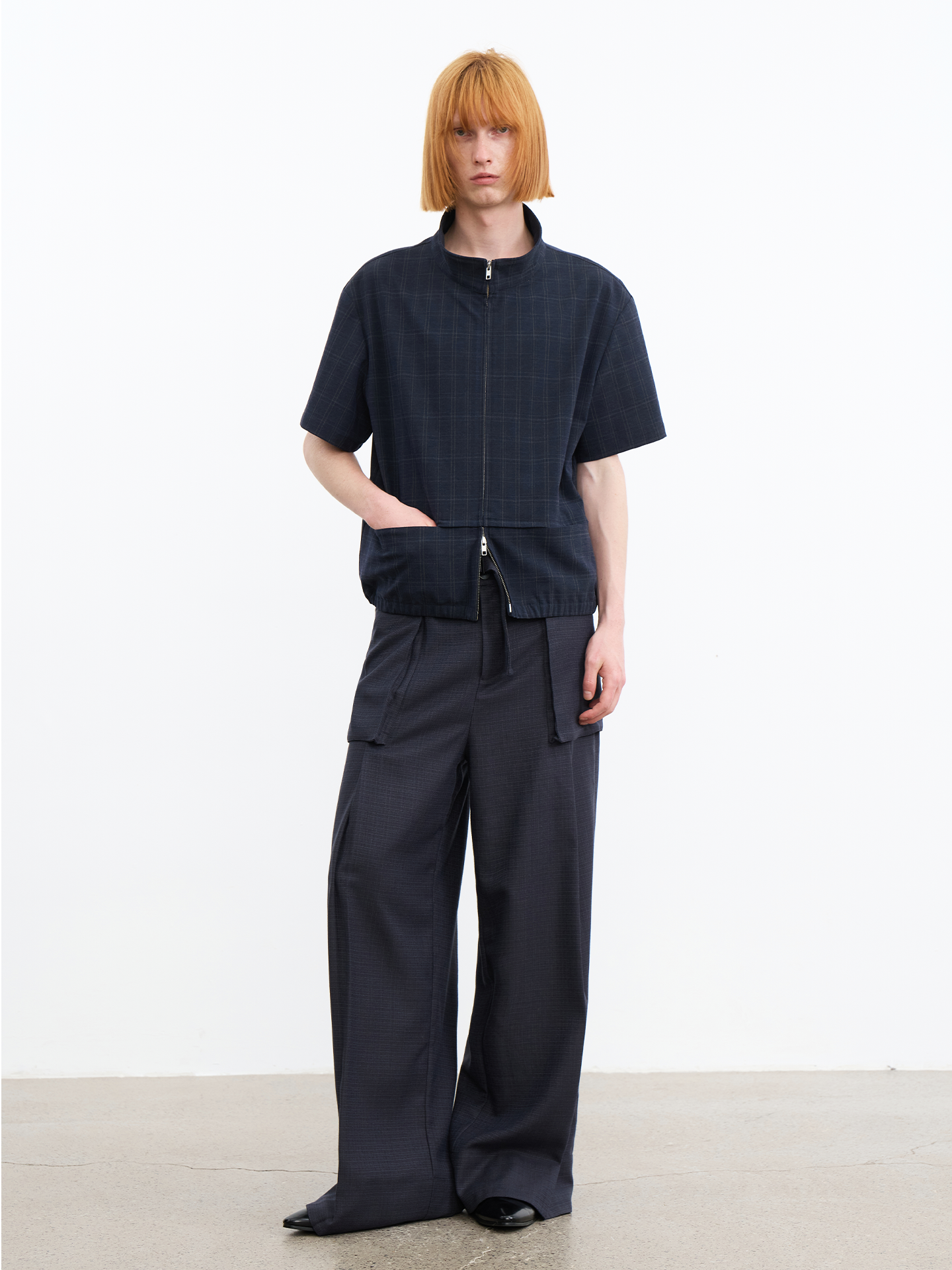 JCAESAR Dark Grid Texture Hidden-Pocket Shirt