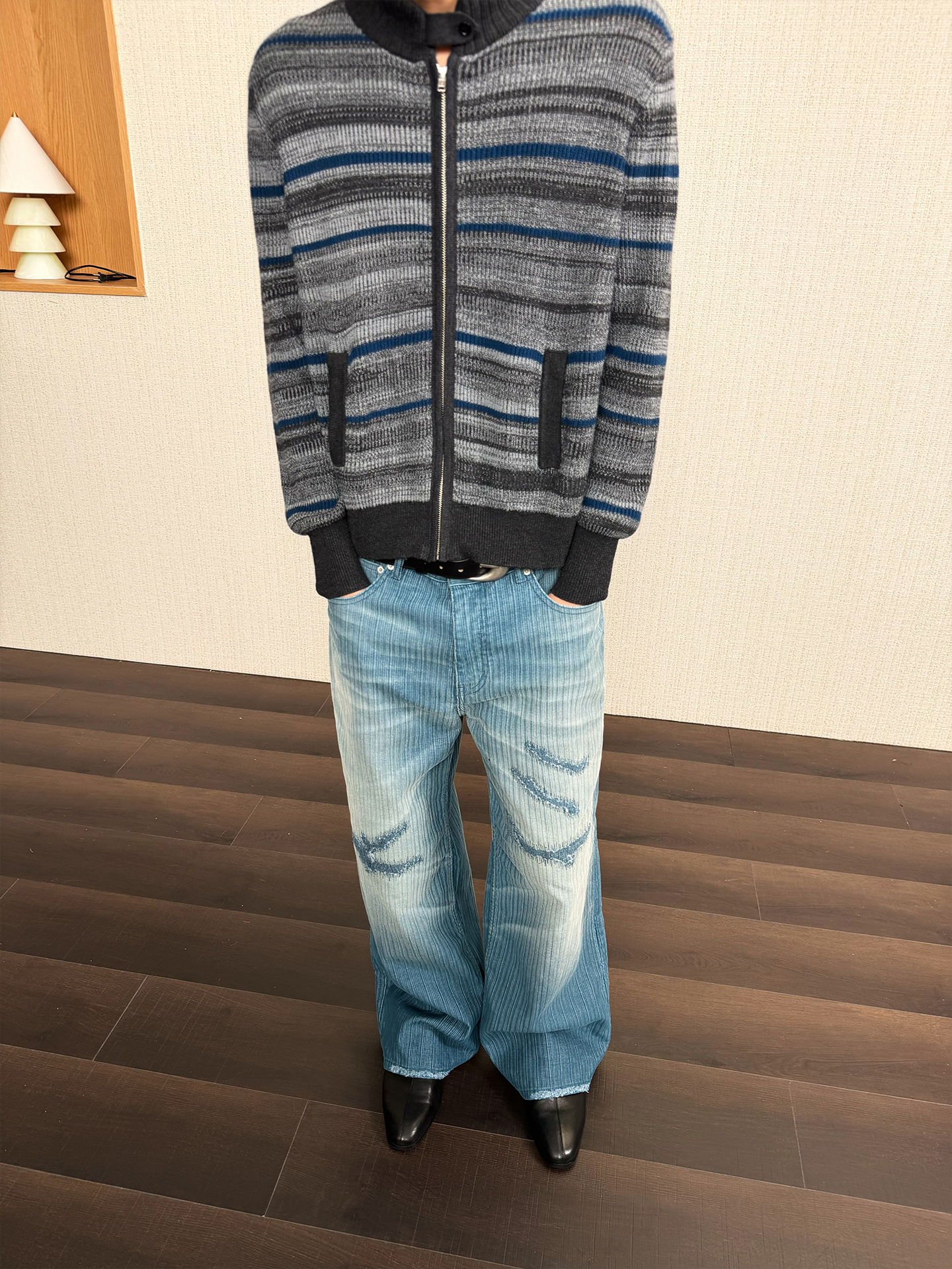 JCAESAR Accordion-Stripe Knit Cardigan Sweater