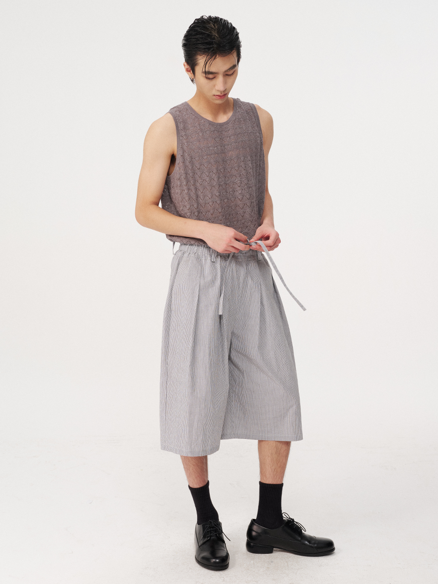 Jcaesar Bubble Pleated Checkered Flower Bud Capri Pants - jcaesarclo