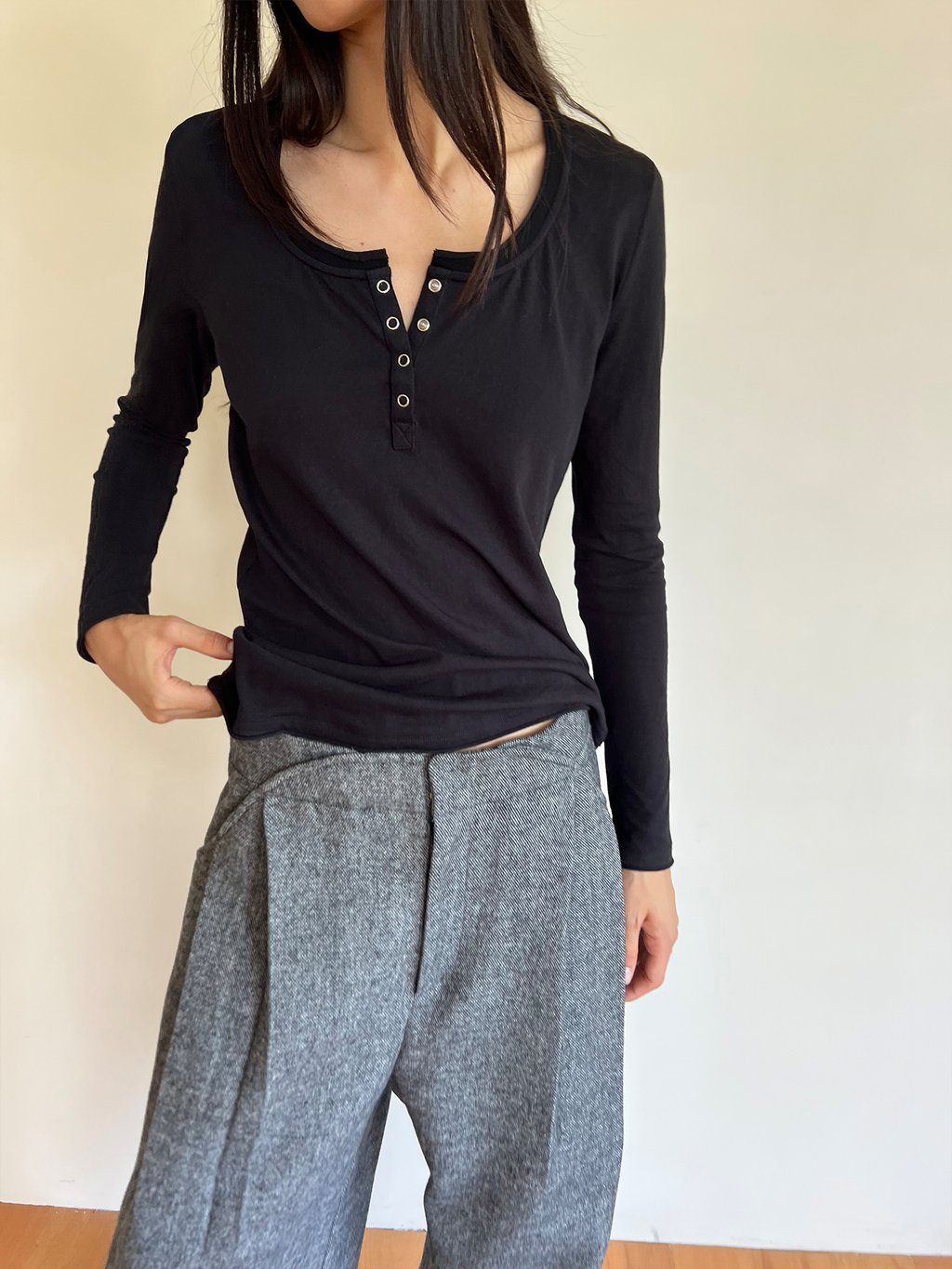 JCAESAR WOMEN U-Neck Rolled Hem Henley Long-Sleeve Shirt