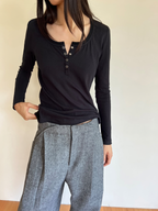JCAESAR WOMEN U-Neck Rolled Hem Henley Long-Sleeve Shirt