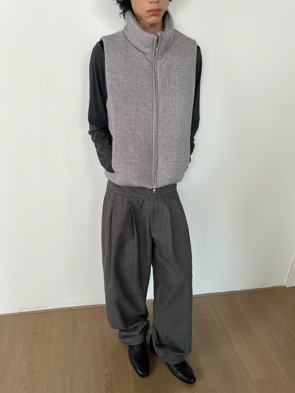 JCAESAR Purple Plaid Double-Pleat Wide Waistband Trousers