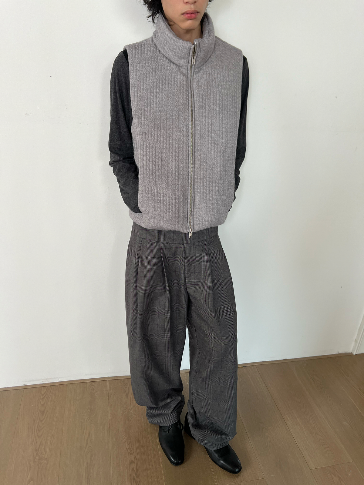 JCAESAR Purple Plaid Double-Pleat Wide Waistband Trousers