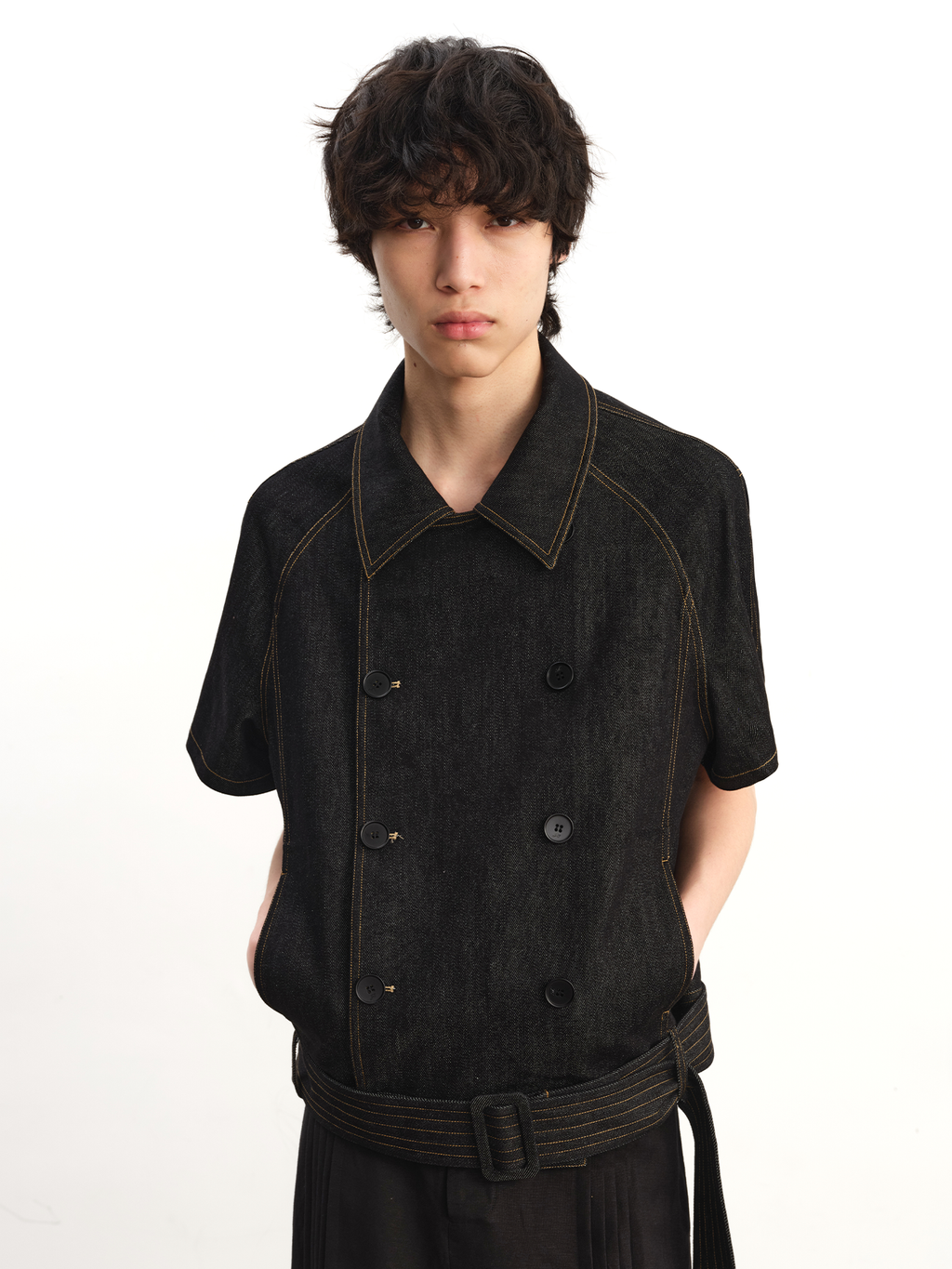 JCAEASAR Double-breasted raw-denim belted shirt