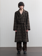 JCAESAR Brown Olive Plaid Wool Overcoat