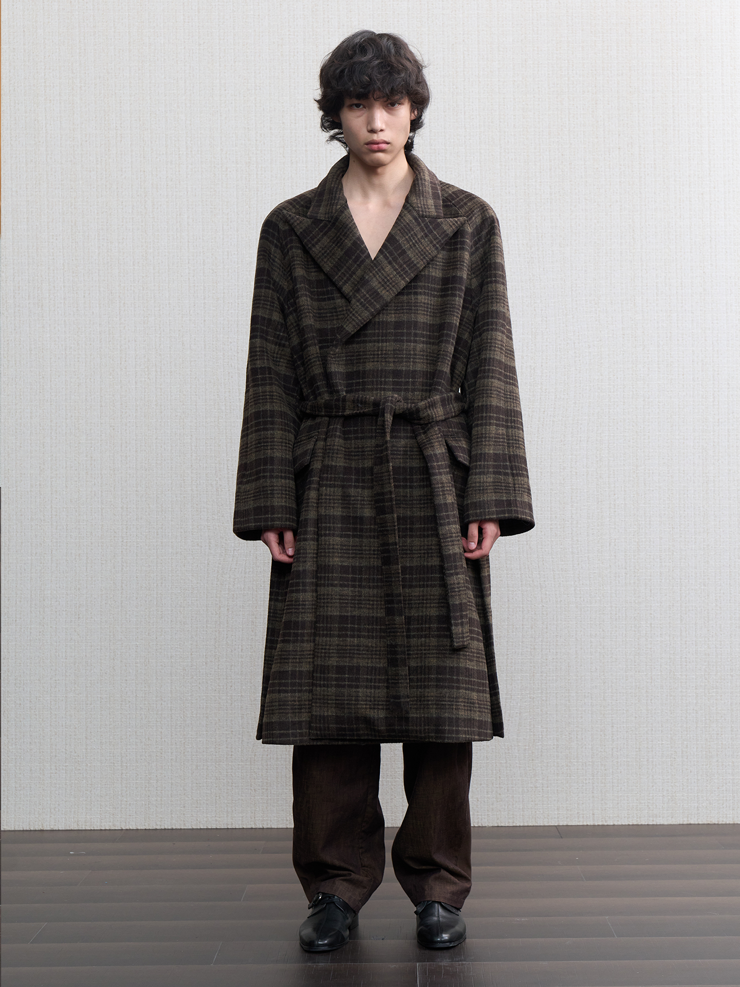 JCAESAR Brown Olive Plaid Wool Overcoat