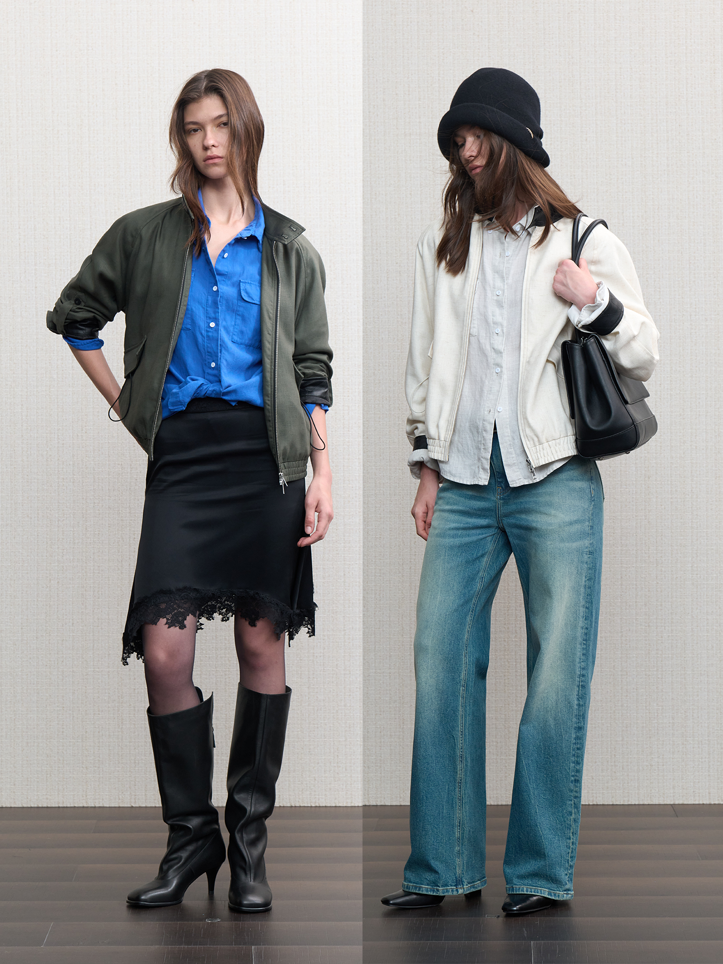 JCAESAR WOMEN Linen‑leather paneled Harrington jacket