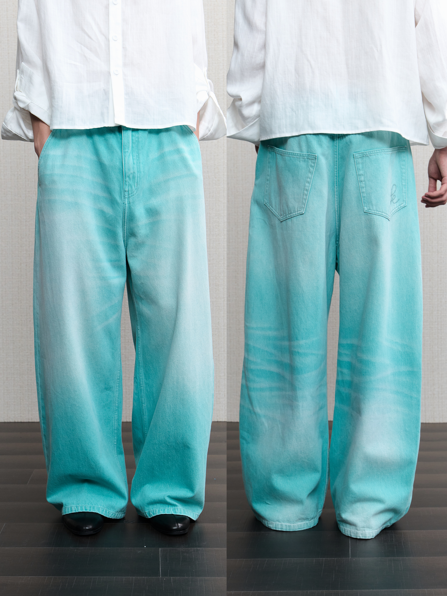 JCAESAR  Mint‑green washed denim jeans