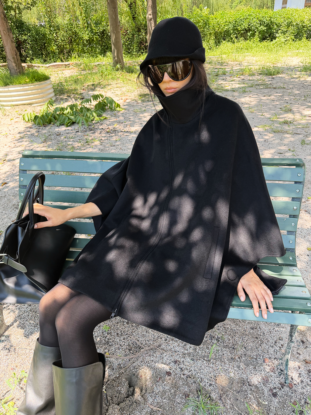 JCAESAR WOMEN Asymmetric Zip Wool Cape Coat
