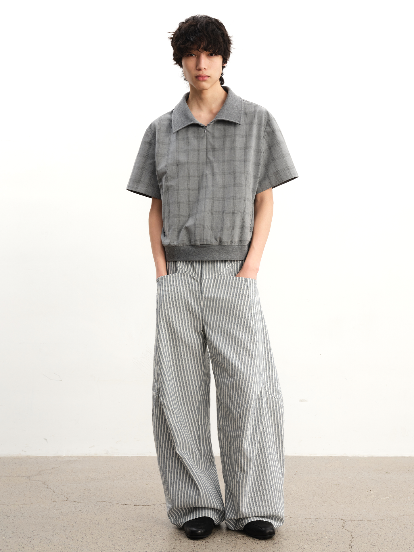 JCAEASAR Ribbed-neck half-zip plaid tee