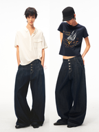 JCAESAR WOMEN Buttoned pleated cotton‑linen raw denim trousers