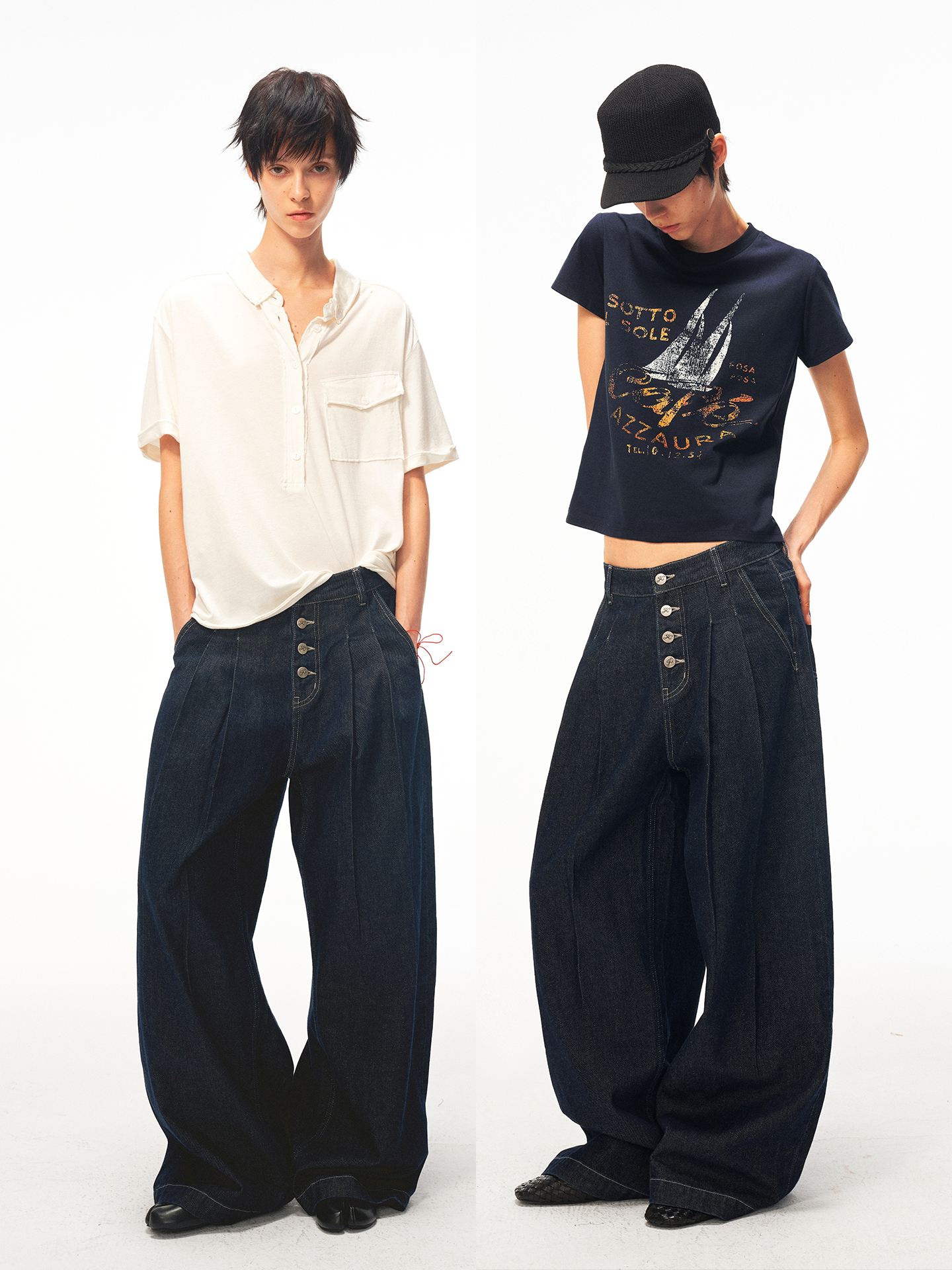 JCAESAR WOMEN Buttoned pleated cotton‑linen raw denim trousers