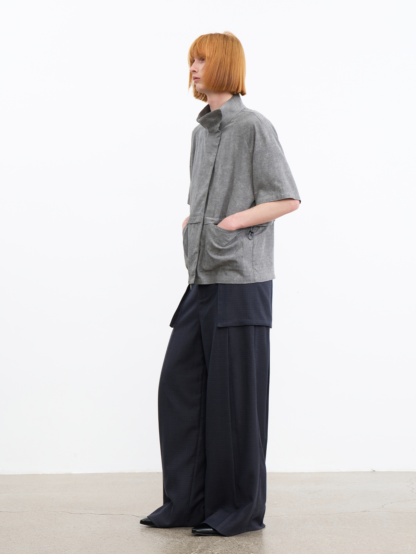 JCAESAR Grey Asymmetric Collar Cinched Waist Short Sleeve Shirt