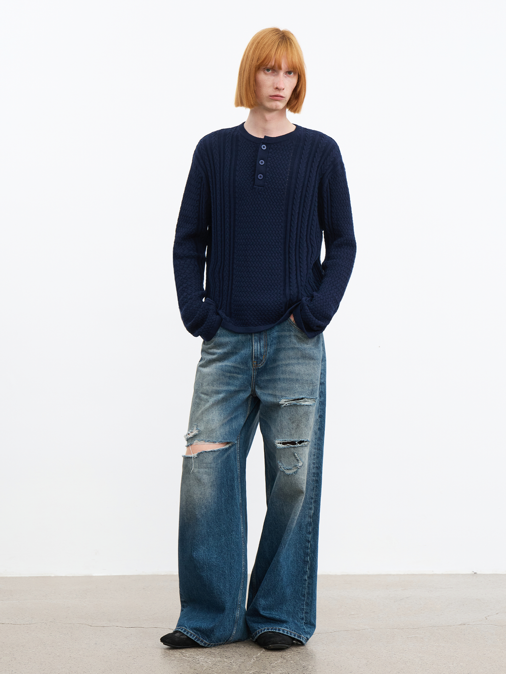 JCAESAR Henley collar scale‑pattern knit long‑sleeve