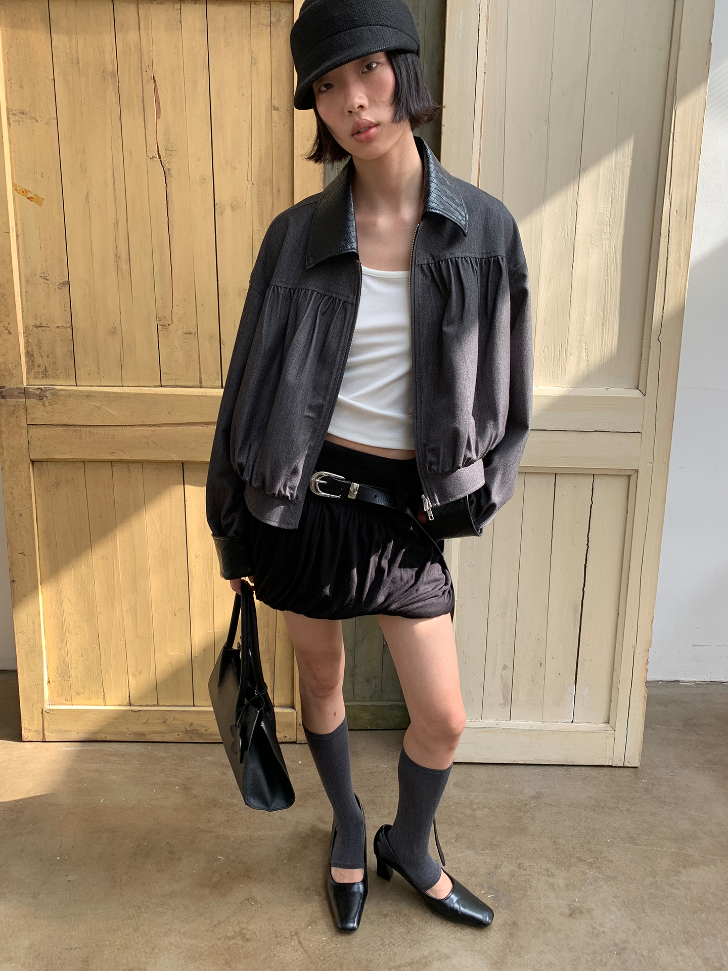 JCAESAR WOMEN Pleated Jacket with Woven Leather Collar