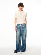 JCAESAR Digital‑Print Trompe‑l'œil Faux‑Denim Linen Pants