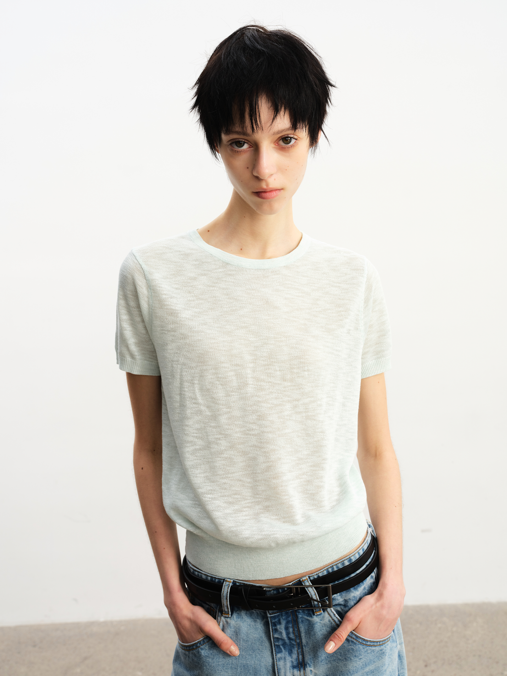 JCAESAR WOMEN Slub-textured semi-sheer regular-shoulder tee