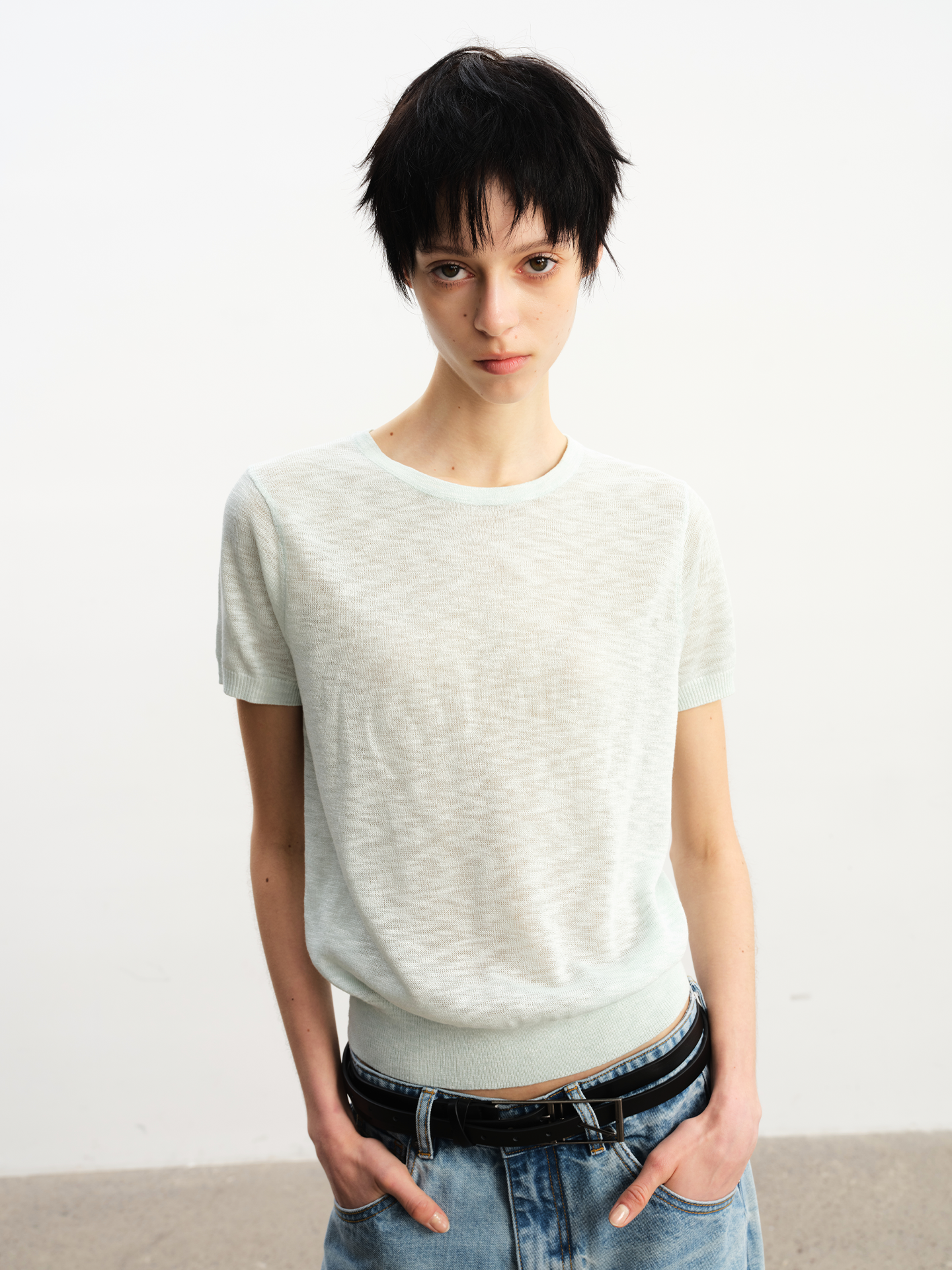 JCAESAR WOMEN Slub-textured semi-sheer regular-shoulder tee