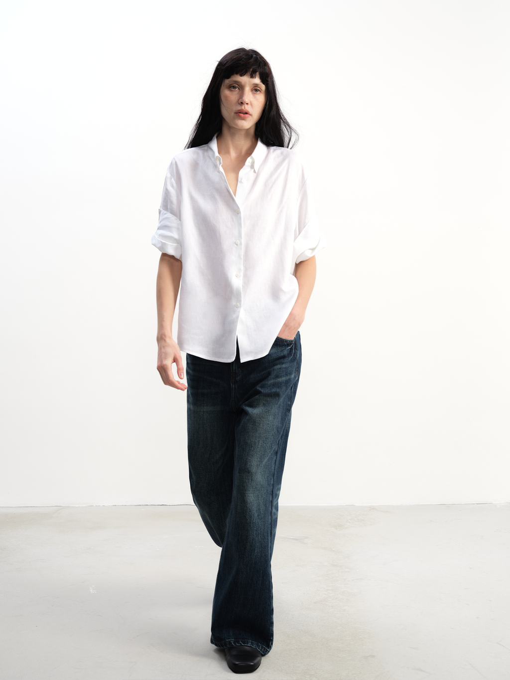 JCAESAR WOMEN Tencel-Linen Cuffed Short-Sleeve Shirt - jcaesarclo