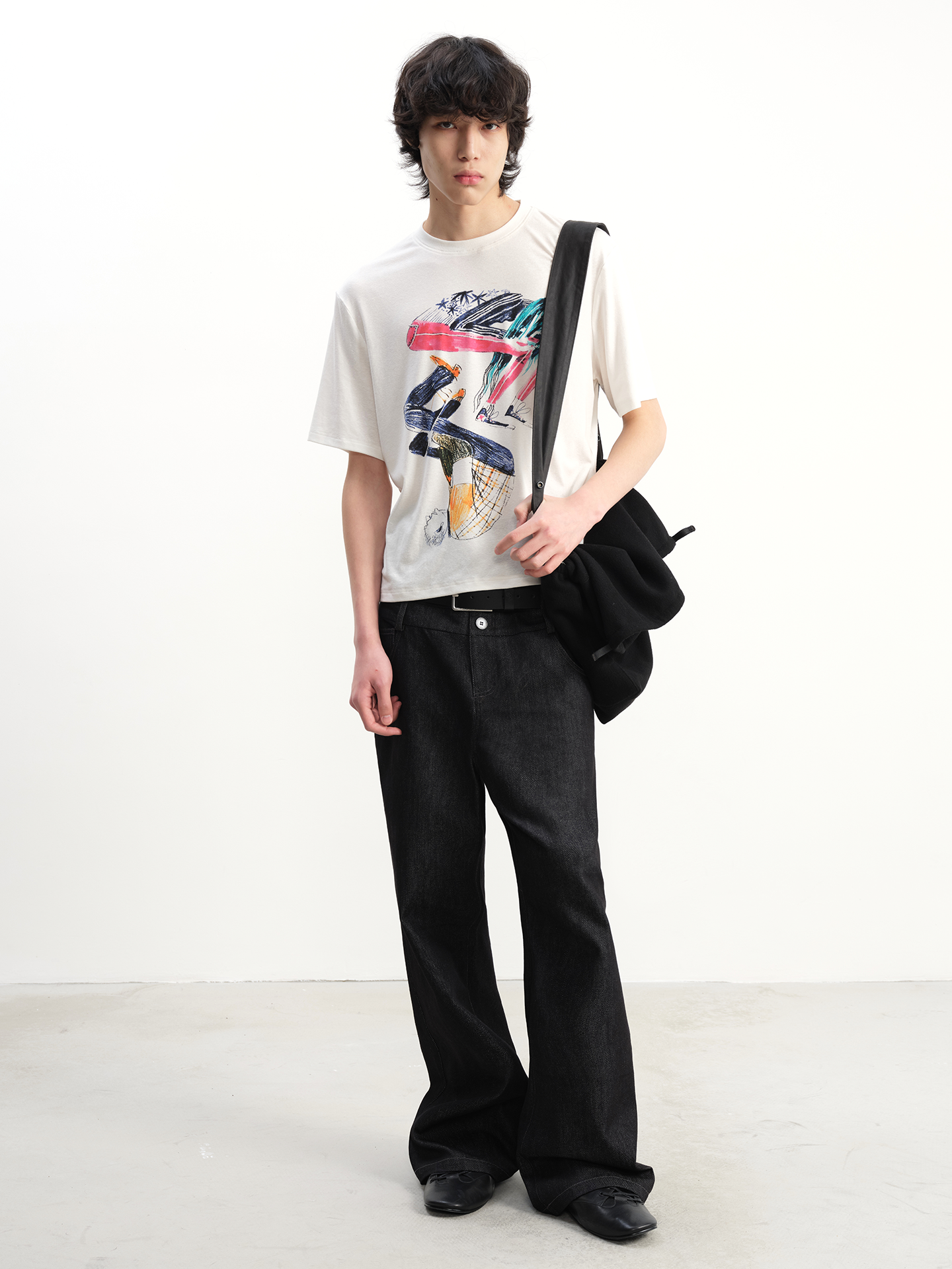 JCAESAR Double‑Waist Slight Flare Raw Denim Trousers