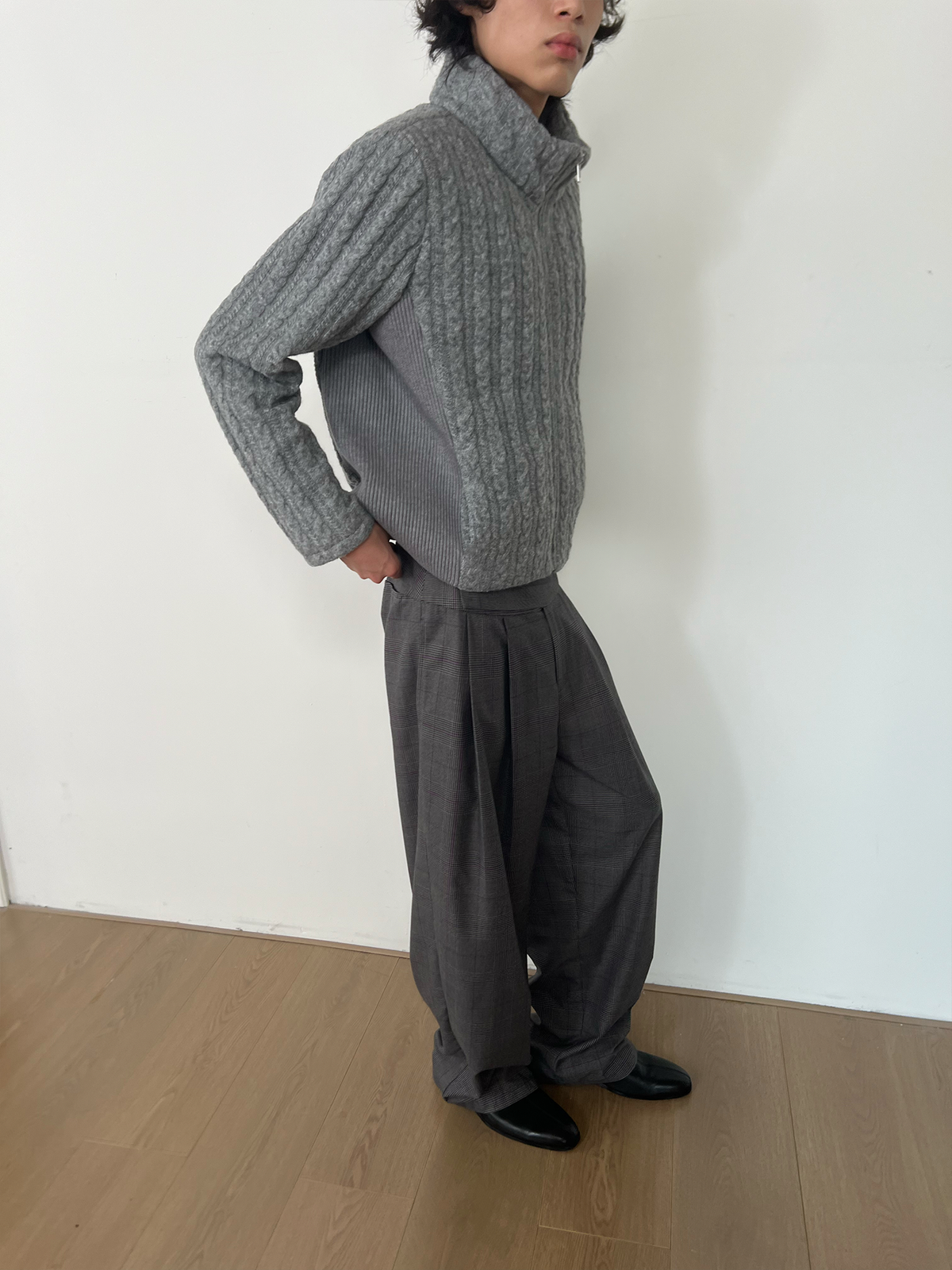 JCAESAR Purple Plaid Double-Pleat Wide Waistband Trousers