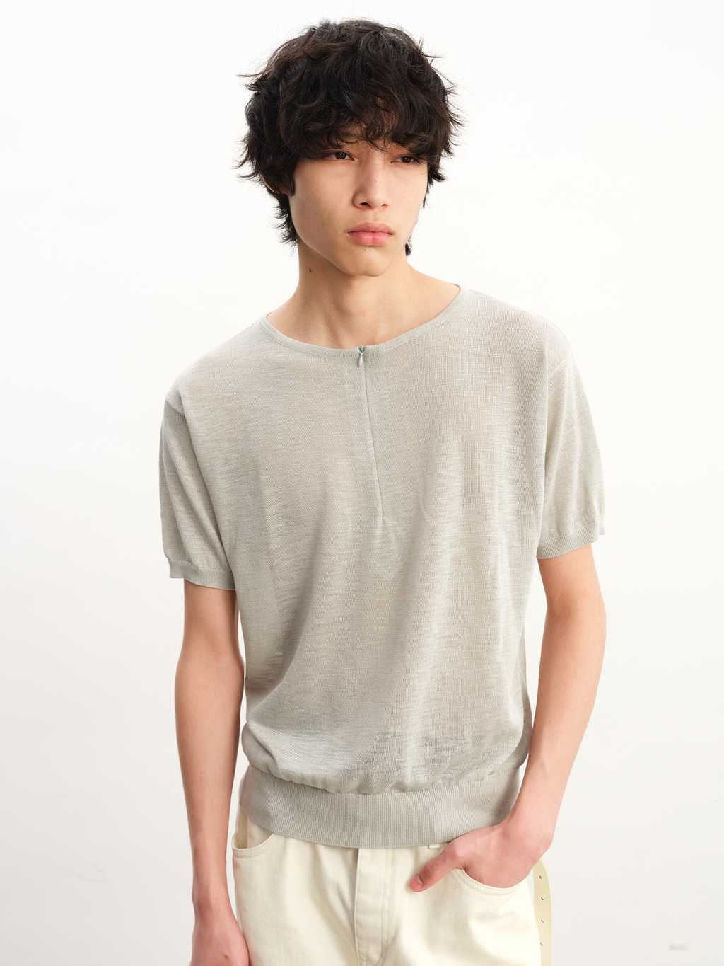 JCAESAR Half‑Zip Slub‑Texture Short‑Sleeve Top