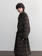 JCAESAR Brown Olive Plaid Wool Overcoat
