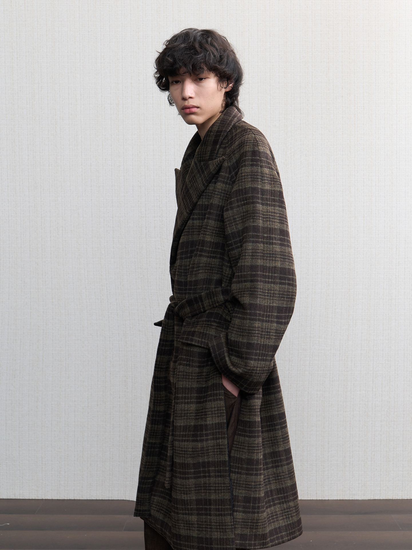 JCAESAR Brown Olive Plaid Wool Overcoat