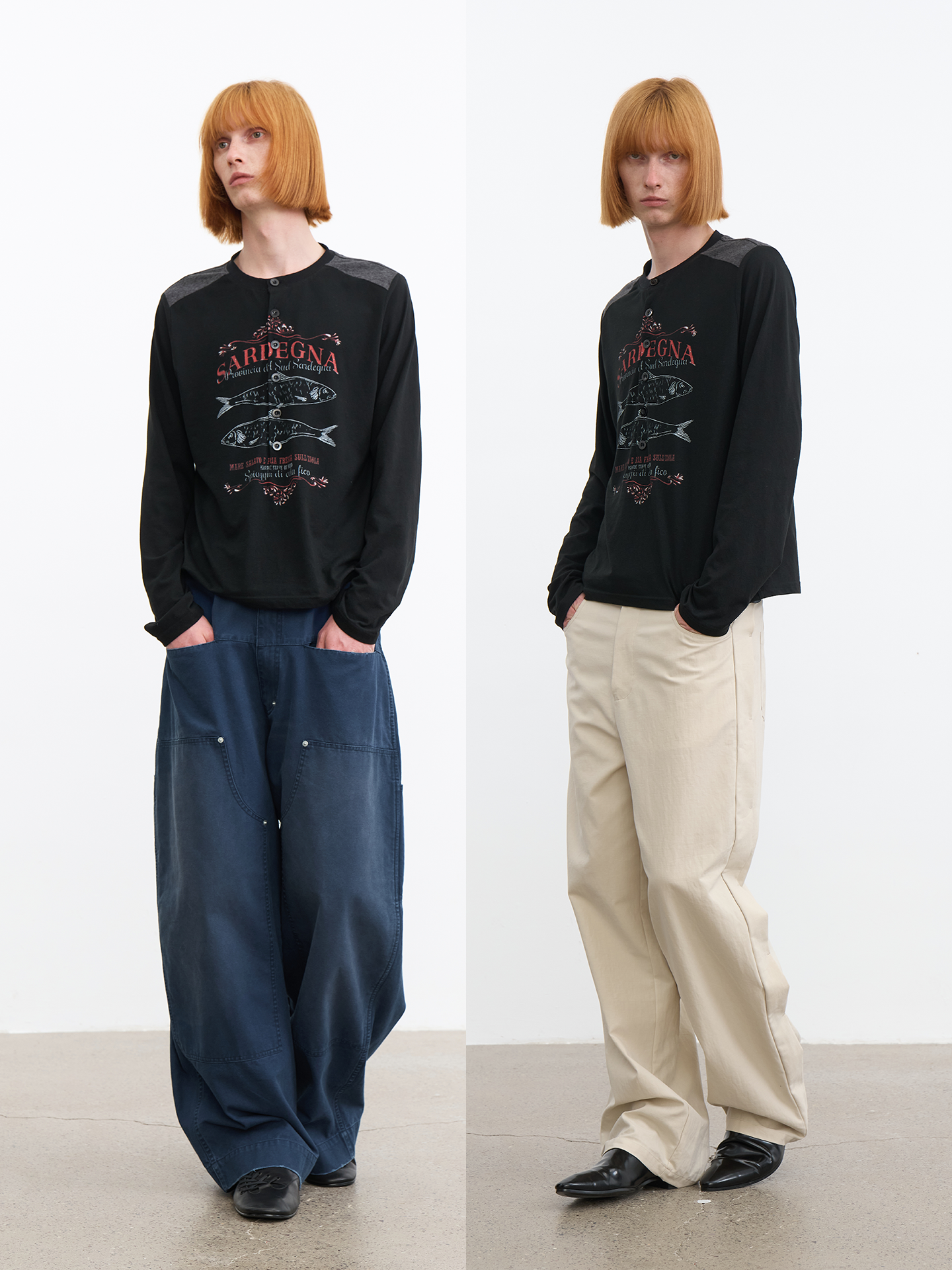 JCAESAR Sardine‑panel Henley long‑sleeve shirt