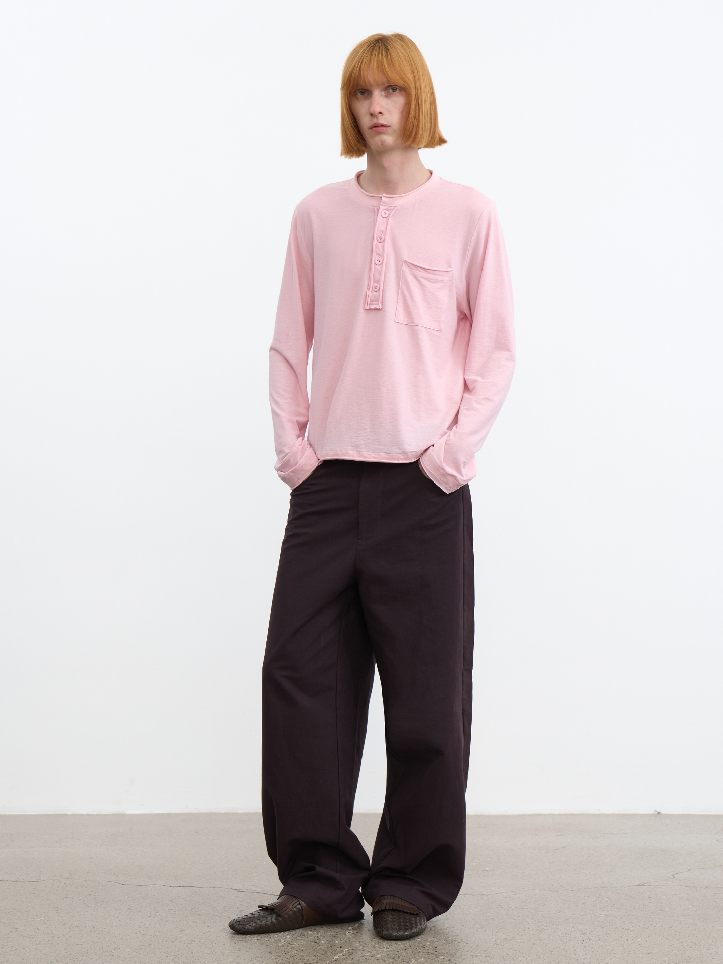 JCAESAR Rolled Edge Henley Collar Long Sleeve Tee