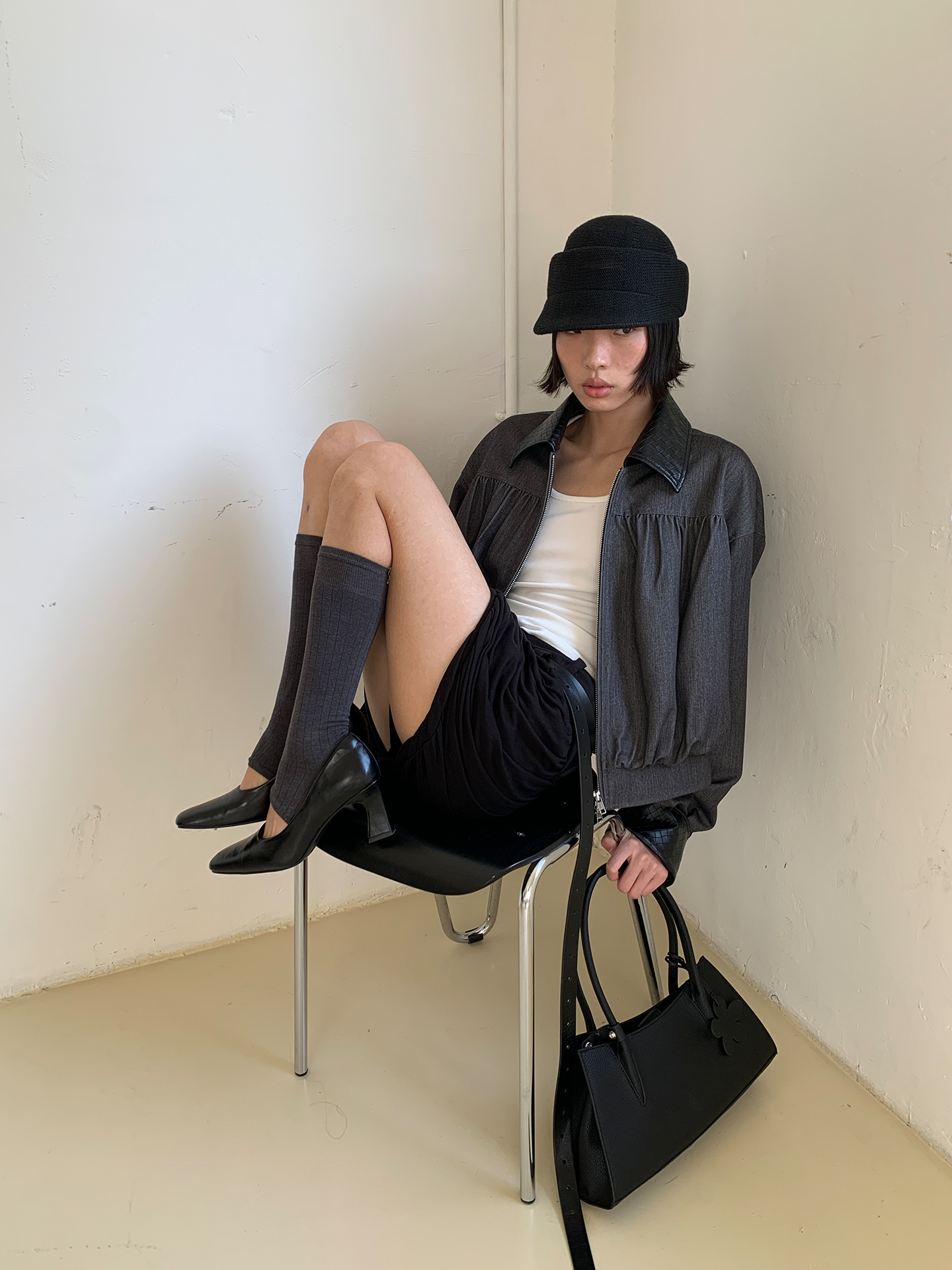 JCAESAR WOMEN Pleated Jacket with Woven Leather Collar