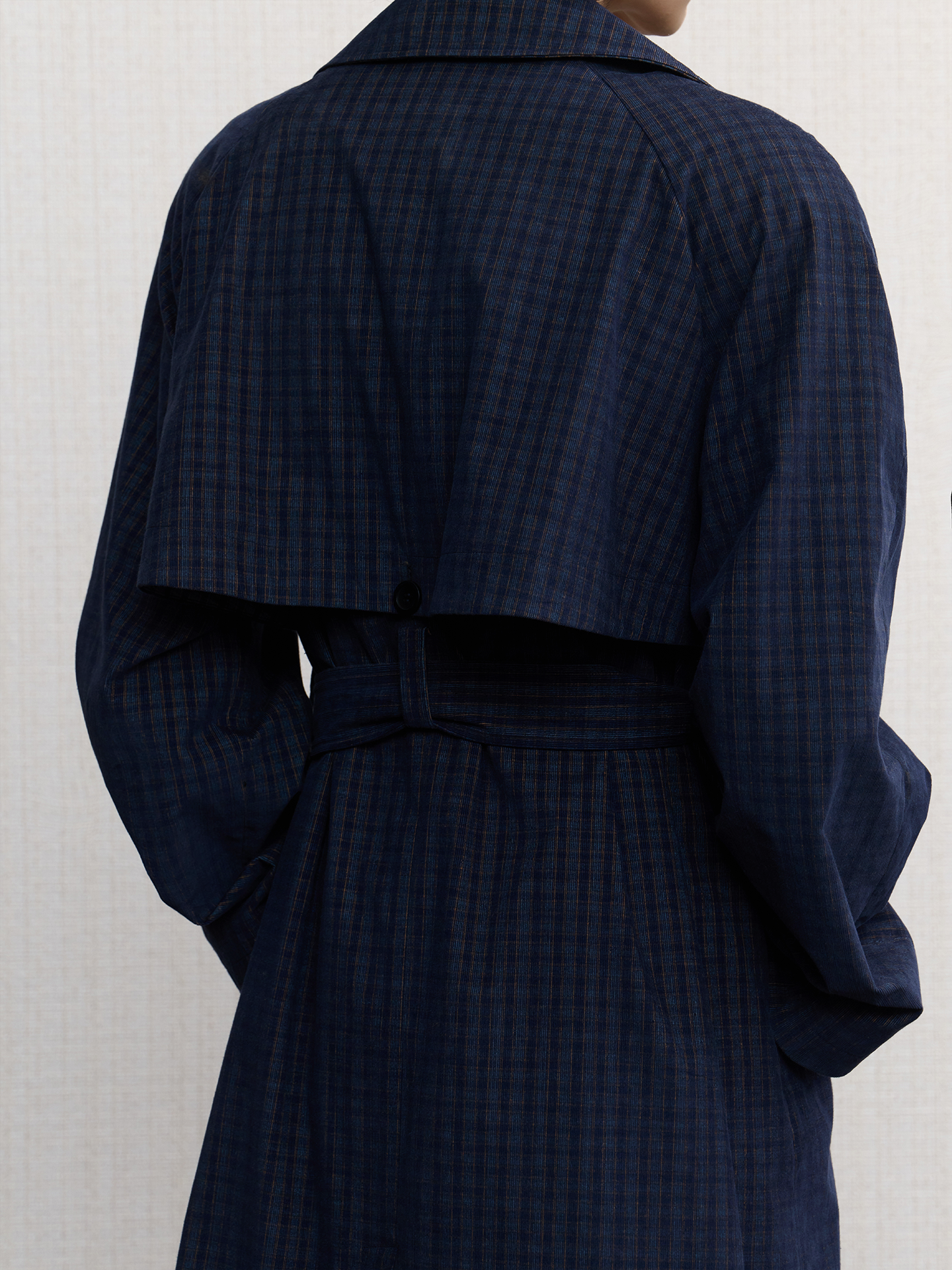 JCAESAR  Plaid Raglan-Sleeve Trench Coat with Boxing-Style Shoulder Pads
