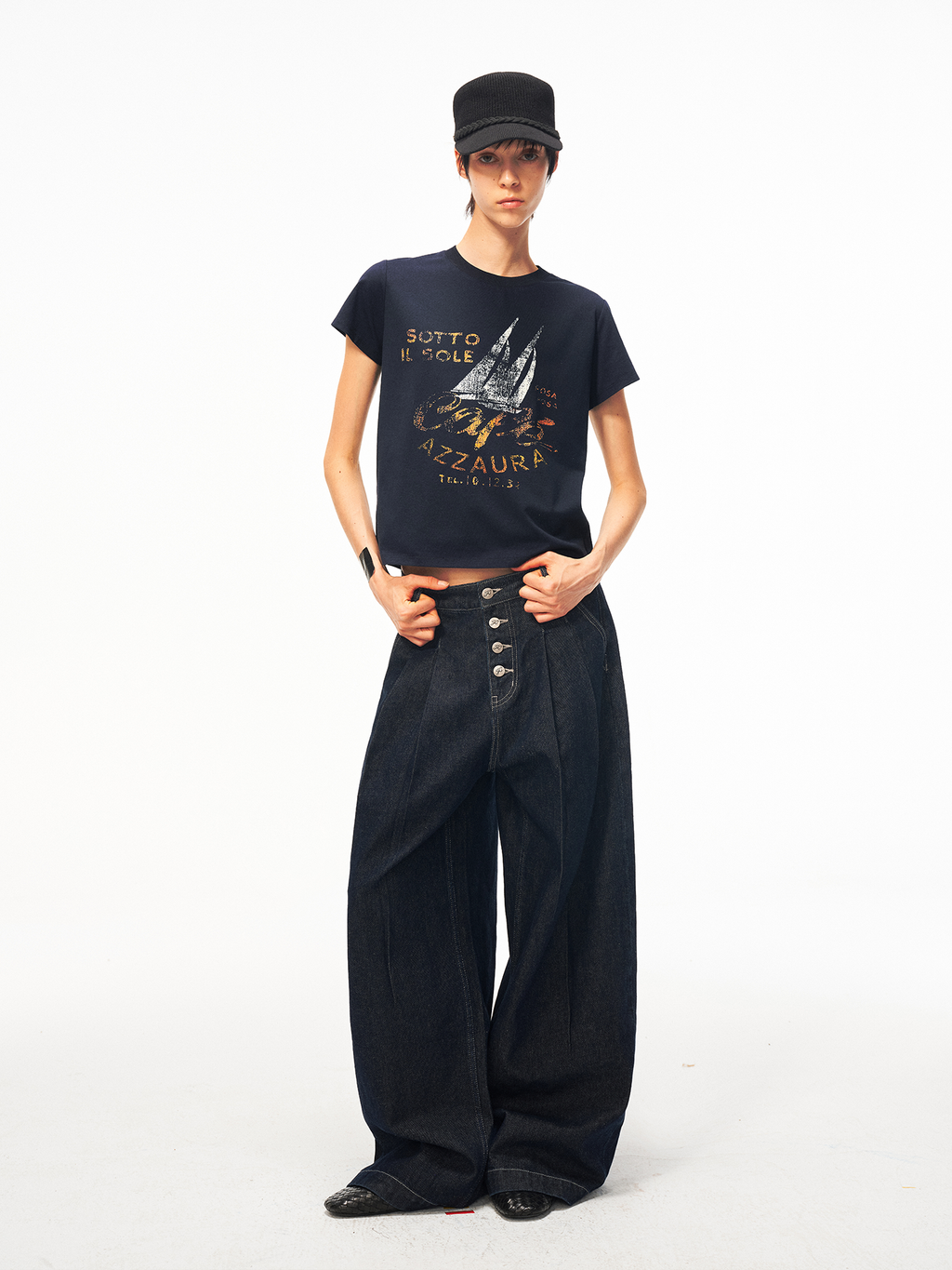 JCAESAR WOMEN Buttoned pleated cotton‑linen raw denim trousers