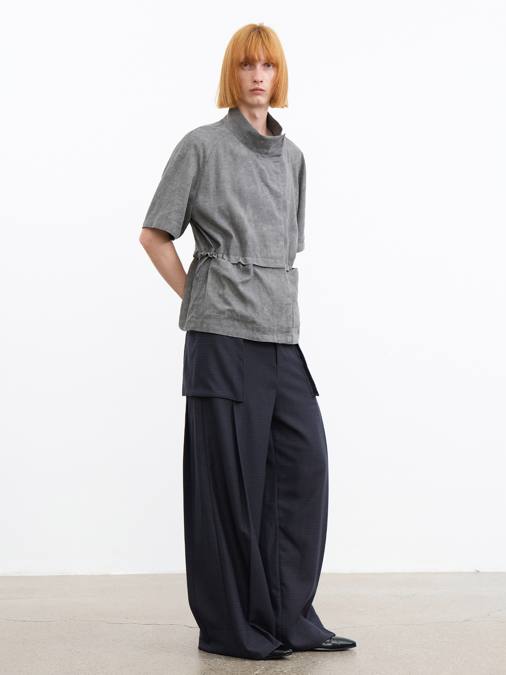 JCAESAR Grey Asymmetric Collar Cinched Waist Short Sleeve Shirt