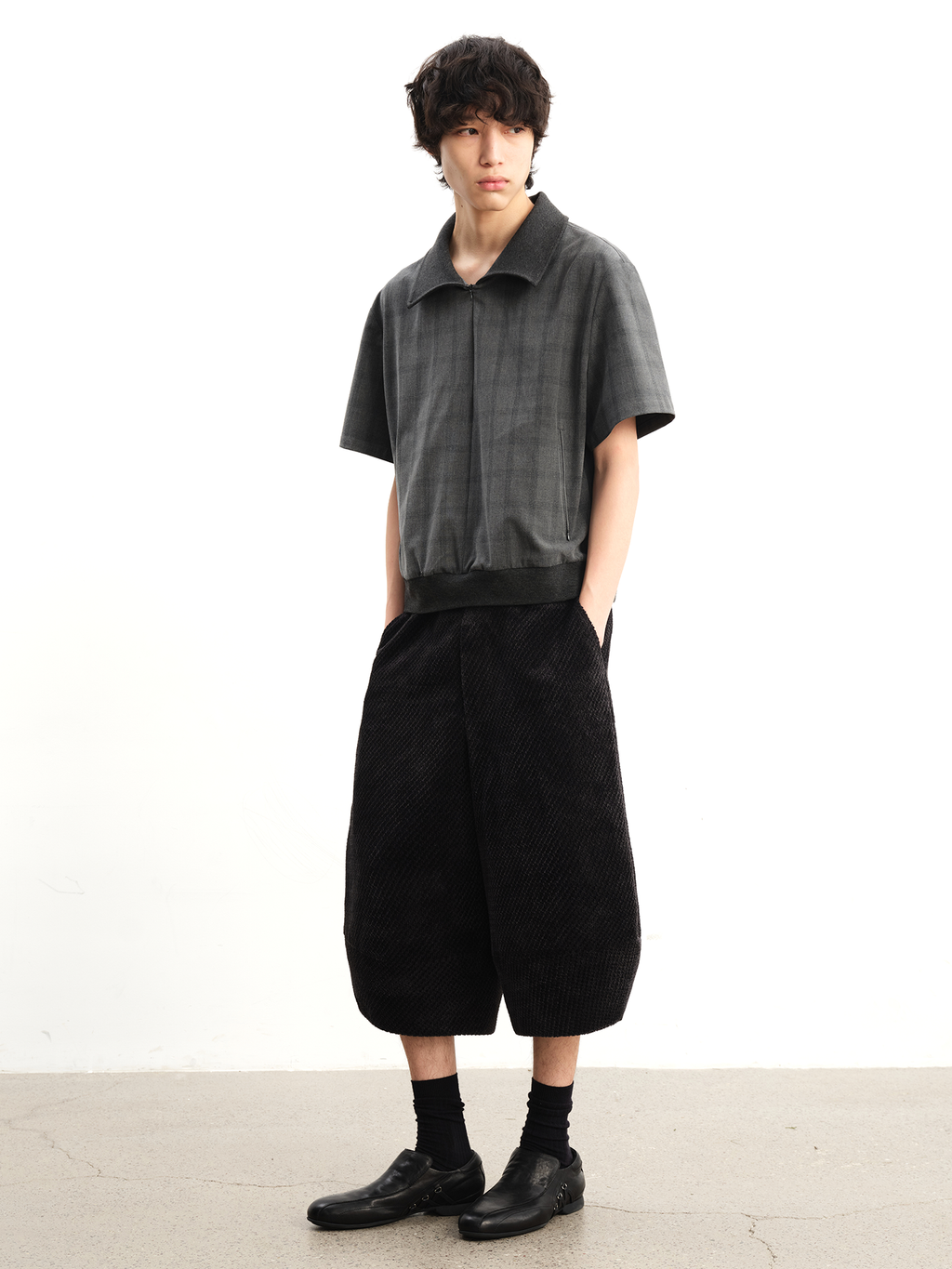 JCAEASAR Ribbed-neck half-zip plaid tee