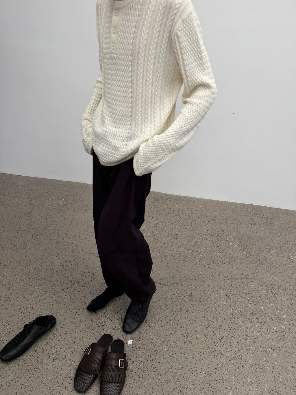 JCAESAR Henley collar scale‑pattern knit long‑sleeve