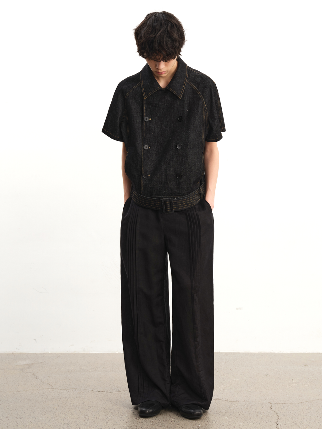 JCAEASAR Double-breasted raw-denim belted shirt