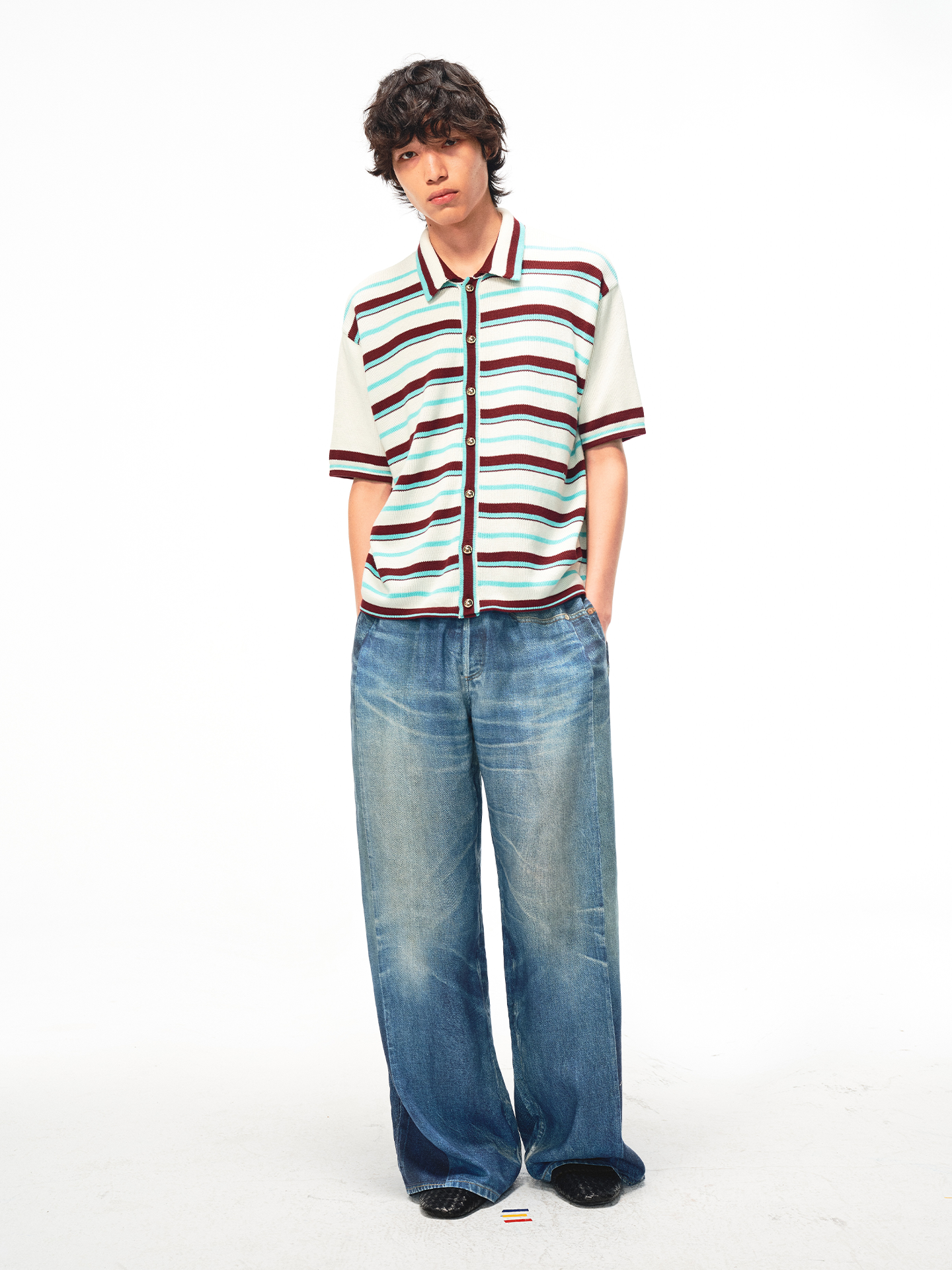 JCAESAR Striped mint shirt with gold buttons